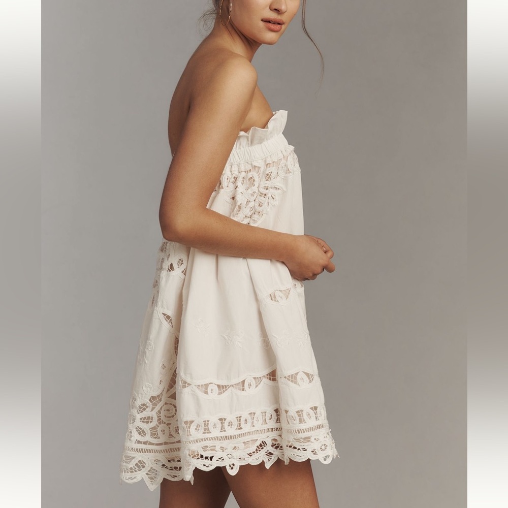 Anthropologie by Maeve Strapless Ivory Lace Mini Dress Peach Lining SIZE M NEW - Picture 3 of 7